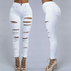 White High Waisted Distressed Skinny Jeans